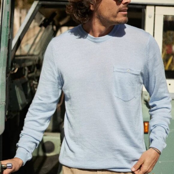 OUTERKNOWN Palisades Pocket Button Crew Merino Wool Sweater in Pale Blue Size L - Picture 1 of 15